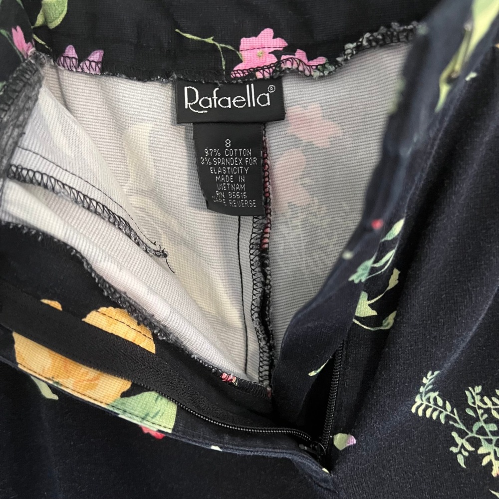 Rafaella Black Floral Crop Pants High Rise Cuffed Cotton Stretch Sz 8‎ botanical